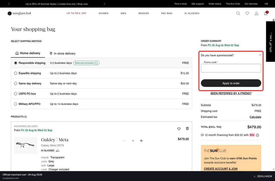 Sunglass Hut checkout page showing the Promo code field and Apply to order button
