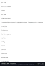 Screenshot of sequenzy.com listing a Sunglass Hut coupon on Oct 24, 2026 showing the "Save $25$75 on Sunglass Hut Orders" offer