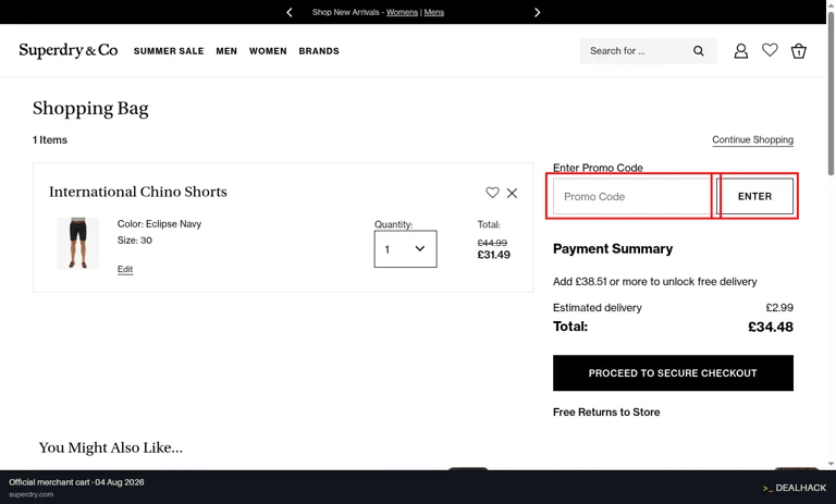 SuperDry checkout page showing the Promo Code field and ENTER button