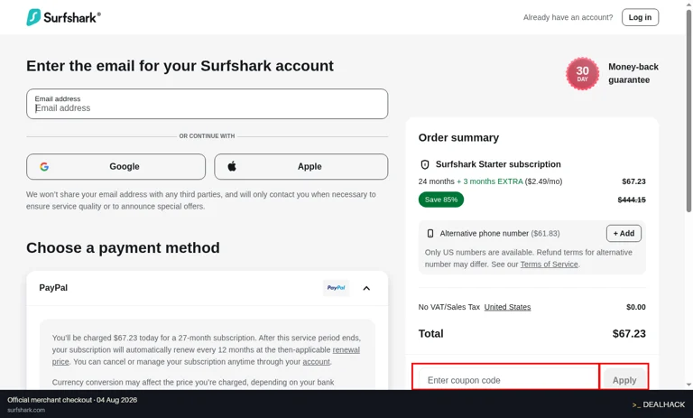 Surfshark checkout page showing the Enter coupon code field and Apply button