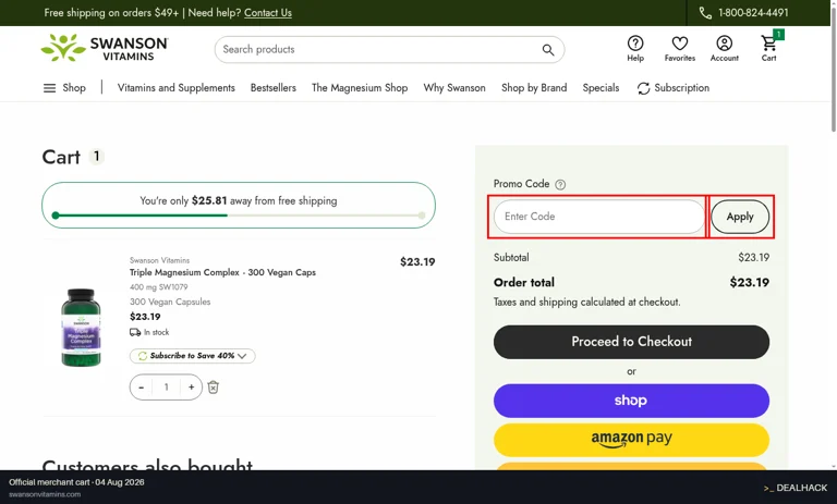 Swanson Vitamins checkout page showing the Enter Code field and Apply button
