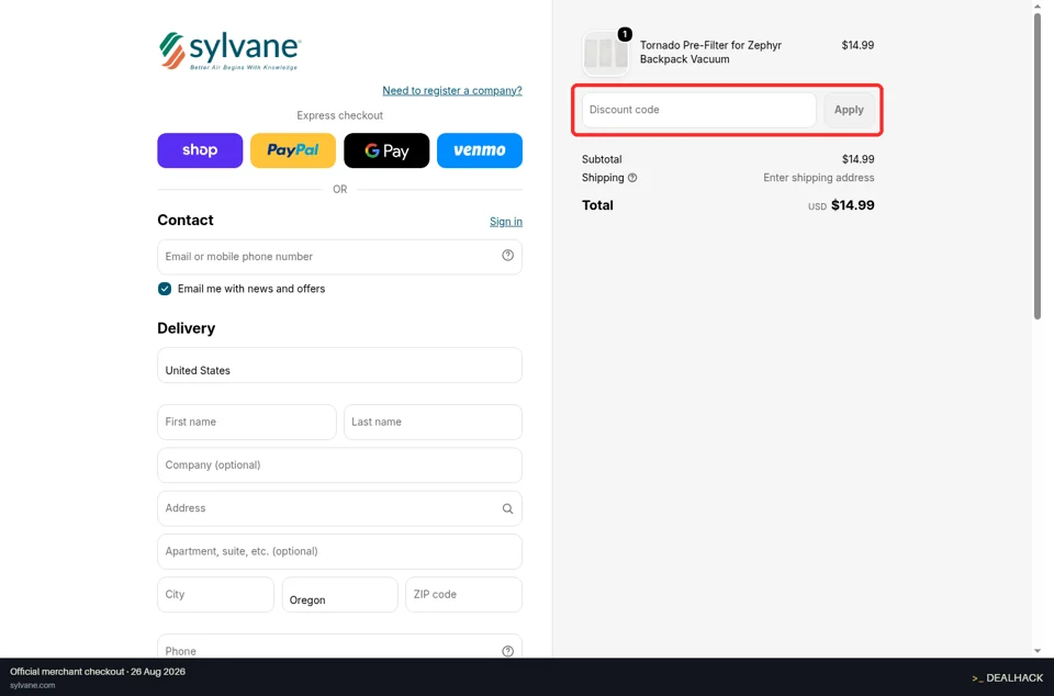 Sylvane checkout page showing the Discount code field and Apply button