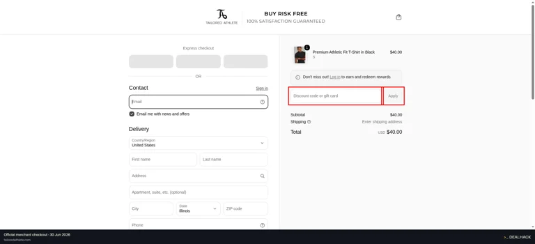 Tailored Athlete checkout page showing the Discount code or gift card field and Apply button