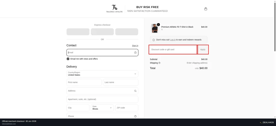 Tailored Athlete checkout page showing the Discount code or gift card field and Apply button