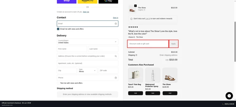 Taos Footwear checkout page showing the Discount code or gift card field and Apply button