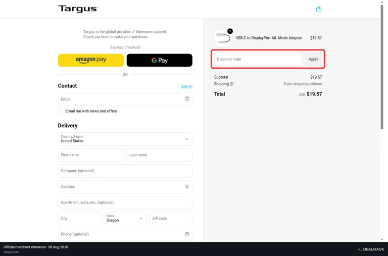 Targus checkout page showing the Discount code field and Apply button