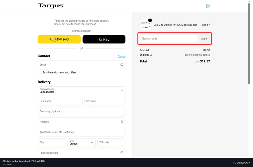 Targus checkout page showing the Discount code field and Apply button