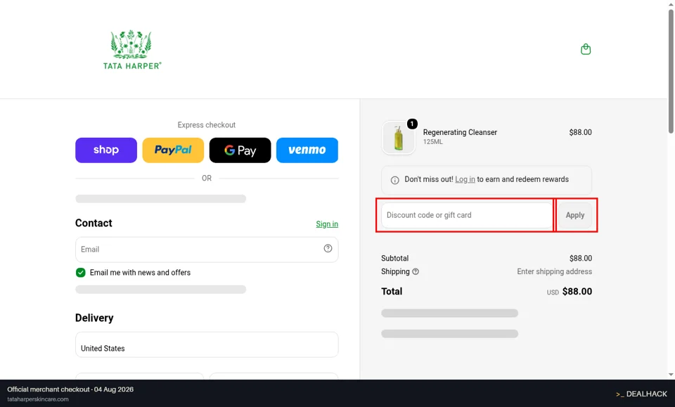 Tata Harper checkout page showing the Discount code or gift card field and Apply button