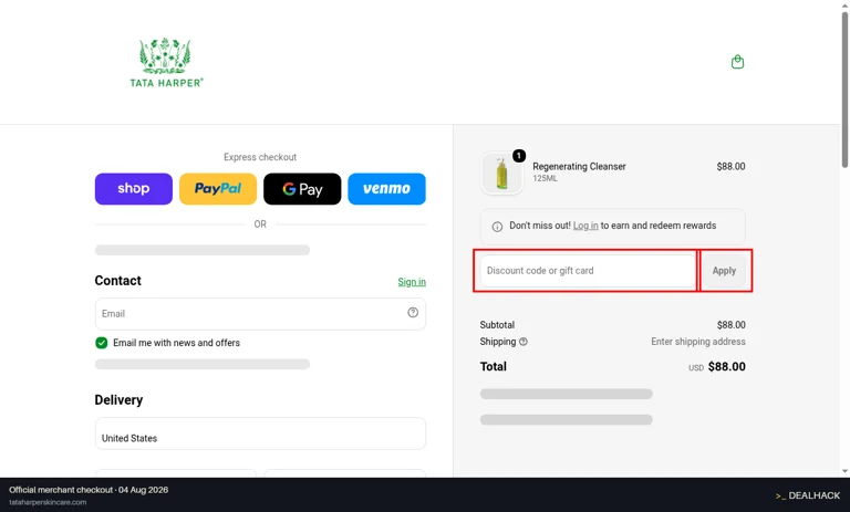 Tata Harper checkout page showing the Discount code or gift card field and Apply button