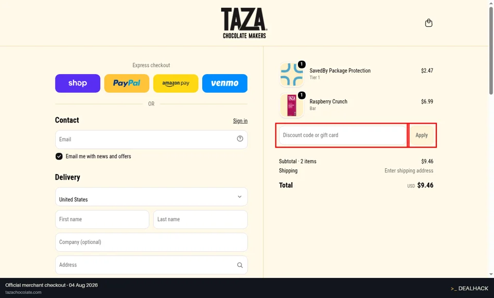 Taza Chocolate checkout page showing the Discount code or gift card field and Apply button
