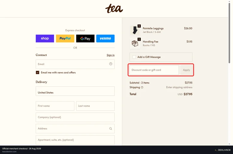 Tea Collection checkout page showing the Discount code or gift card field and Apply button