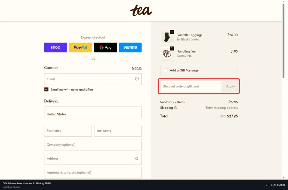 Tea Collection checkout page showing the Discount code or gift card field and Apply button