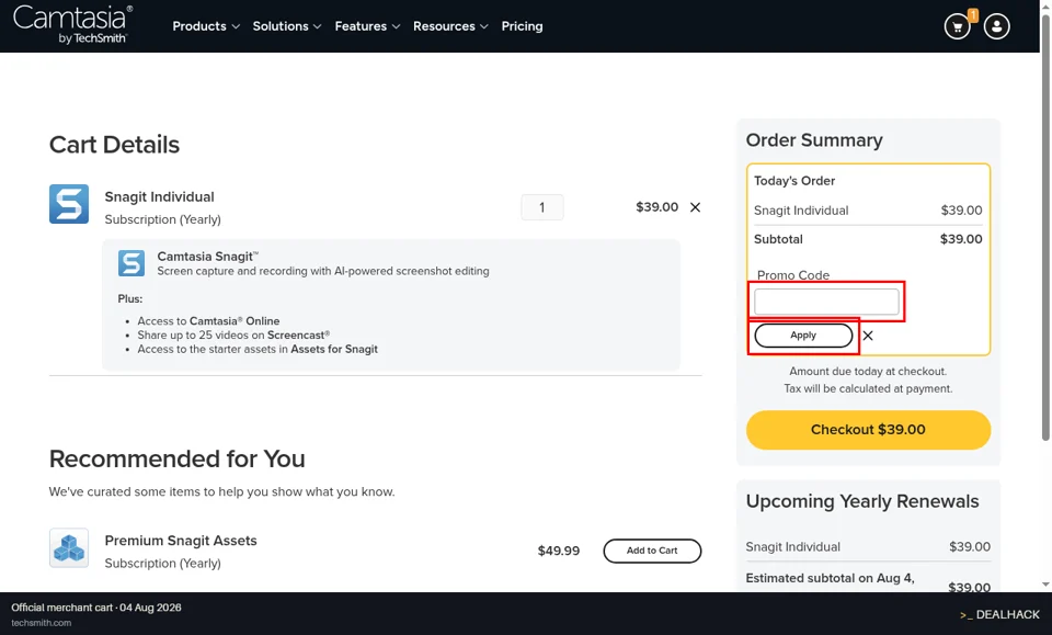 TechSmith checkout page showing the promo code field and Apply button