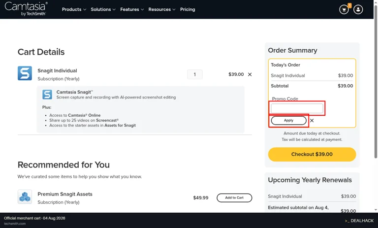TechSmith checkout page showing the promo code field and Apply button
