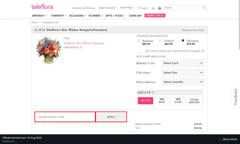 Teleflora checkout page showing the PROMOTIONAL CODE field and APPLY button
