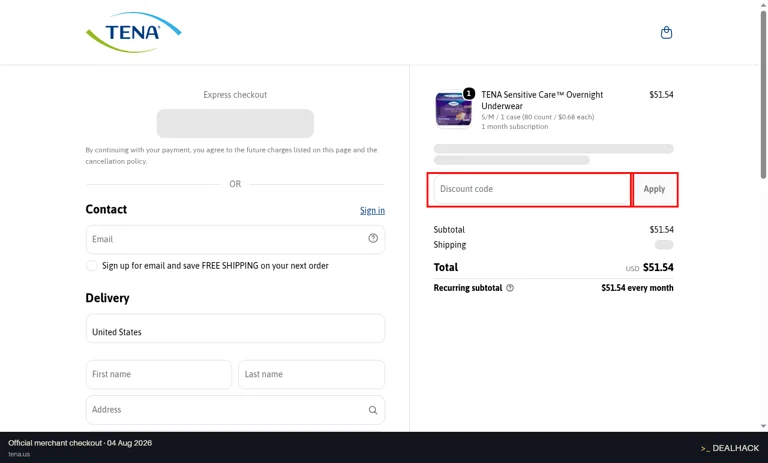 TENA checkout page showing the Discount code field and Apply button