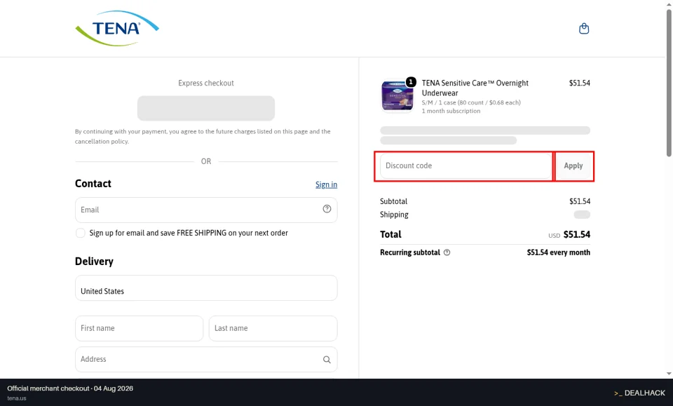 TENA checkout page showing the Discount code field and Apply button