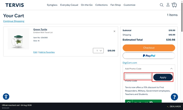 Tervis checkout page showing the Promo Code field and Apply button