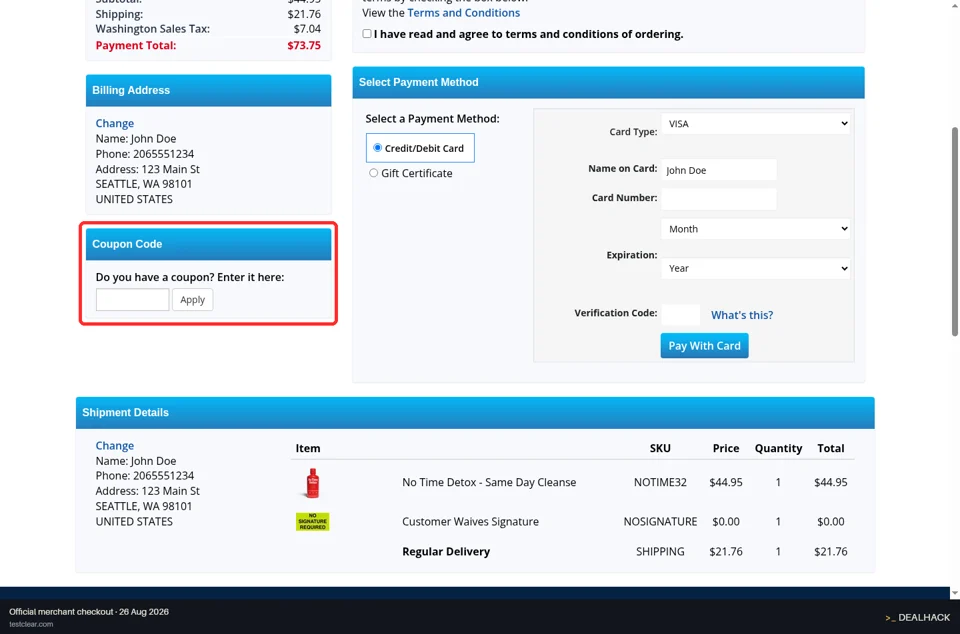 TestClear checkout page showing the Do you have a coupon? Enter it here: field and Apply button