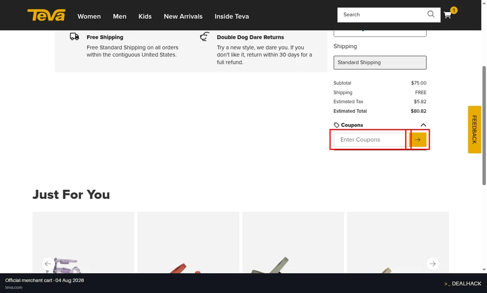 Teva checkout page showing the Enter Coupons field and Apply button