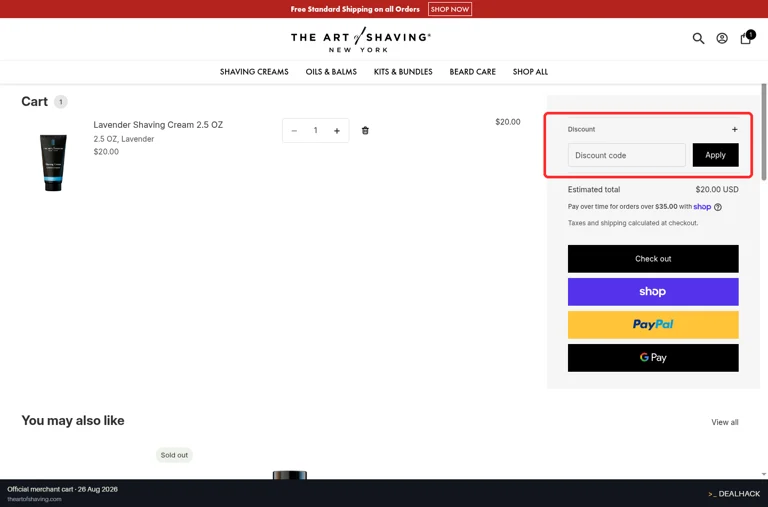 The Art of Shaving checkout page showing the Discount code field and Apply button