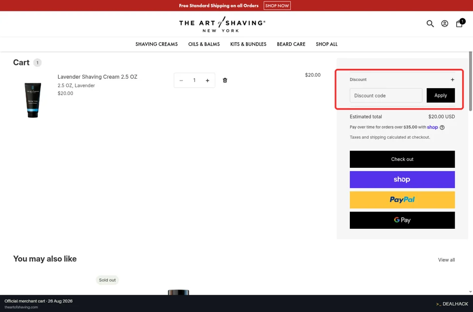 The Art of Shaving checkout page showing the Discount code field and Apply button