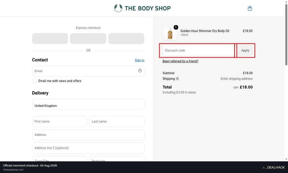 The Body Shop checkout page showing the Discount code field and Apply button