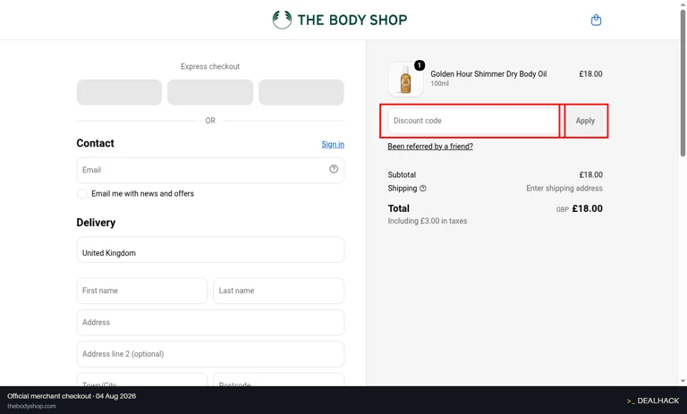 The Body Shop checkout page showing the Discount code field and Apply button