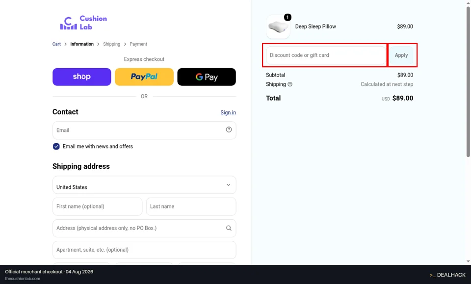 Cushion Lab checkout page showing the Discount code or gift card field and Apply button