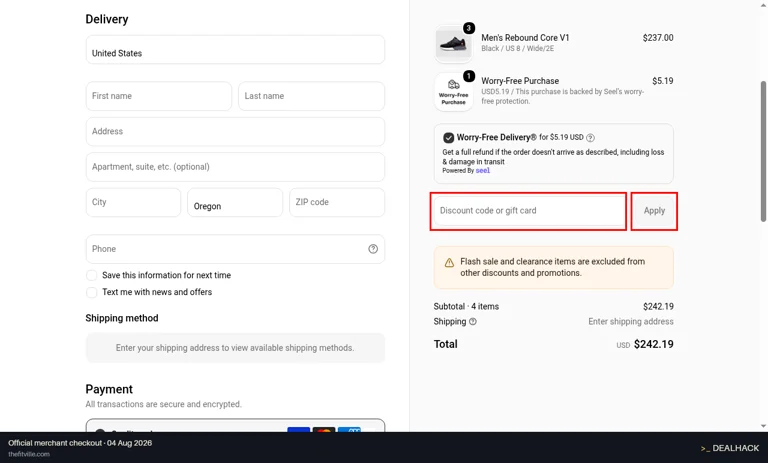 FitVille checkout page showing the Discount code or gift card field and Apply button