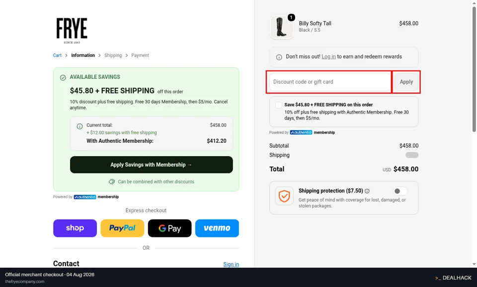 The Frye Company checkout page showing the Discount code or gift card field and Apply button
