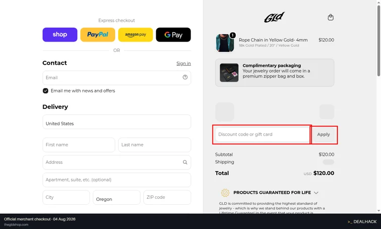 GLD checkout page showing the Discount code or gift card field and Apply button