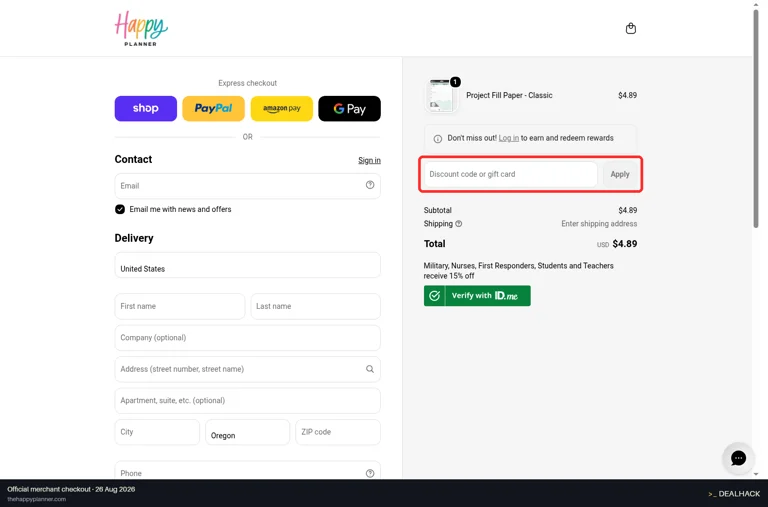 The Happy Planner checkout page showing the Discount code or gift card field and Apply button
