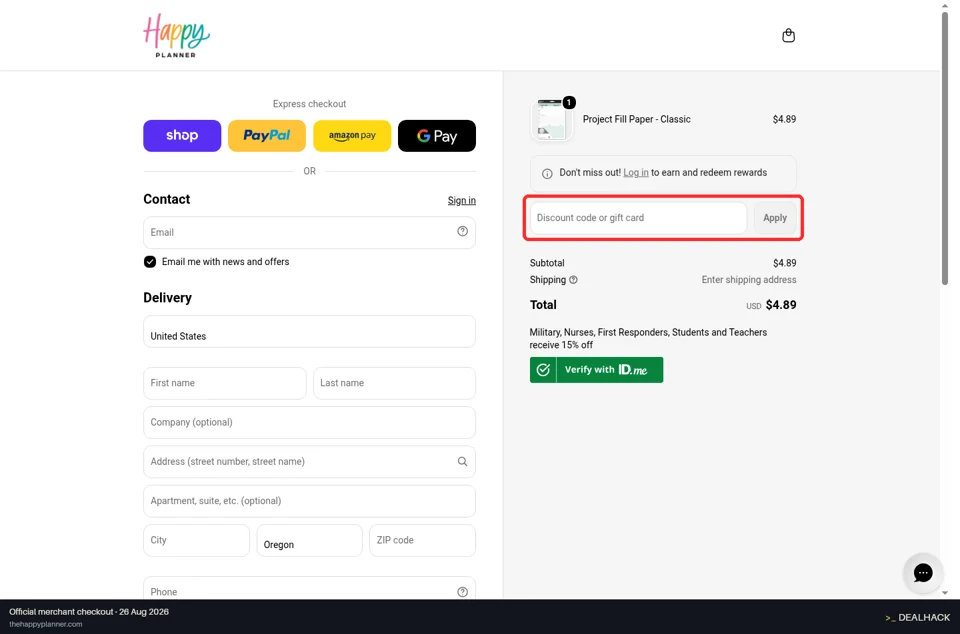 The Happy Planner checkout page showing the Discount code or gift card field and Apply button