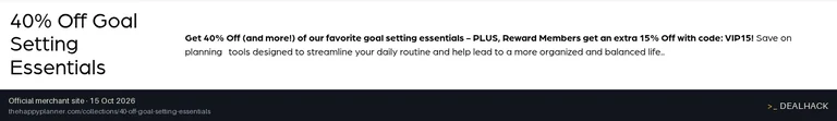 Screenshot of The Happy Planner's website on Oct 15, 2026 showing the "Get 15% Off Goal Setting Essentials" offer