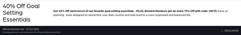 Screenshot of The Happy Planner's website on Oct 15, 2026 showing the "Get 15% Off Goal Setting Essentials" offer