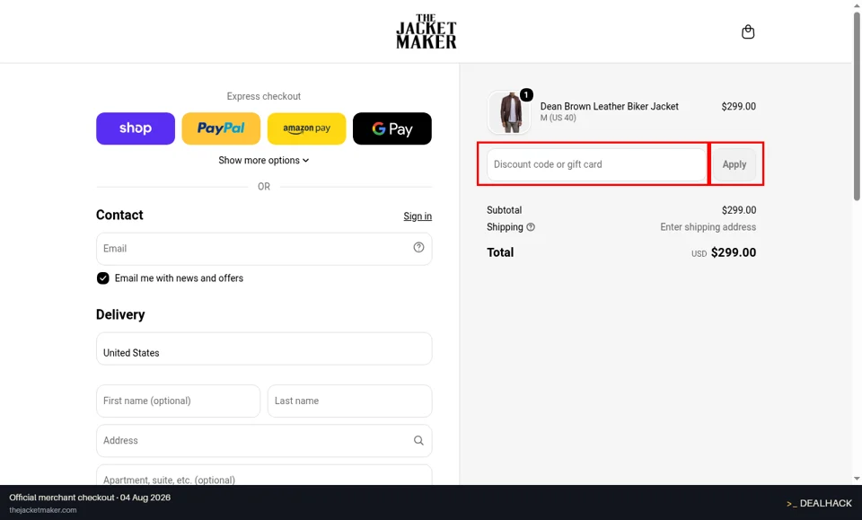 The Jacket Maker checkout page showing the Discount code or gift card field and Apply button