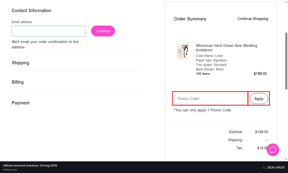The Knot checkout page showing the Promo Code* field and Apply button