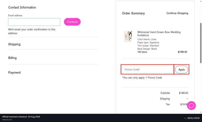 The Knot checkout page showing the Promo Code* field and Apply button