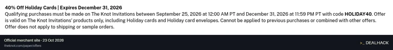 Screenshot of The Knot's website on Oct 23, 2026 showing the "40% Off The Knot Holiday Cards" offer