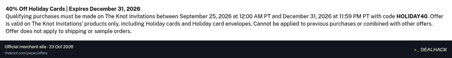 Screenshot of The Knot's website on Oct 23, 2026 showing the "40% Off The Knot Holiday Cards" offer