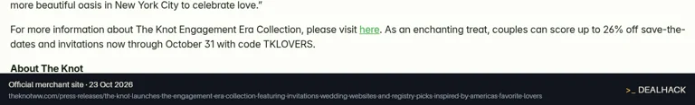 Screenshot of The Knot's website on Oct 23, 2026 showing the "Save Up to 26% on Engagement Era Invitations" offer
