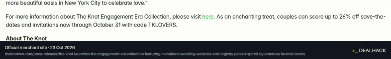Screenshot of The Knot's website on Oct 23, 2026 showing the "Save Up to 26% on Engagement Era Invitations" offer