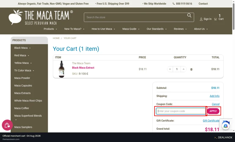 The Maca Team checkout page showing the Enter your coupon code field and Apply button