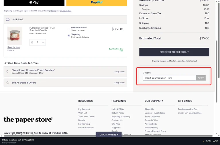 The Paper Store checkout page showing the Insert Your Coupon Here field and Apply button