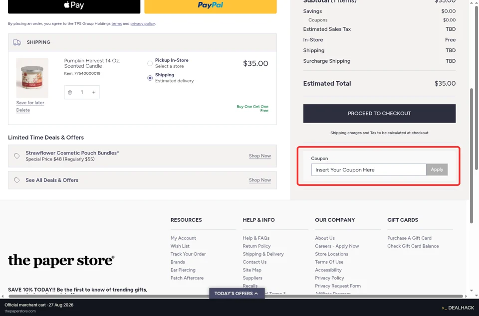 The Paper Store checkout page showing the Insert Your Coupon Here field and Apply button