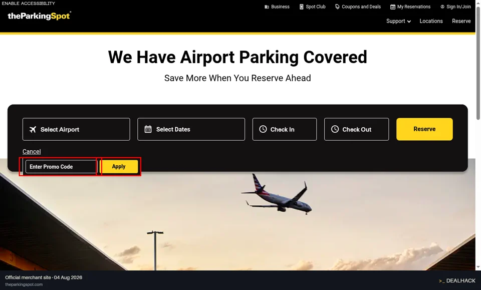 The Parking Spot checkout page showing the Enter Promo Code field and Apply button