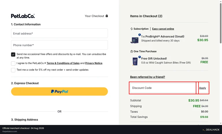 PetLab Co. checkout page showing the Discount Code field and Apply button