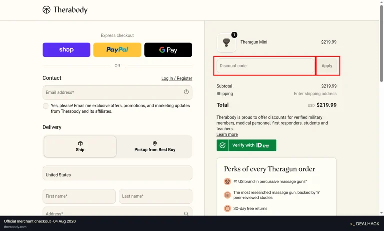 Therabody checkout page showing the Discount code field and Apply button