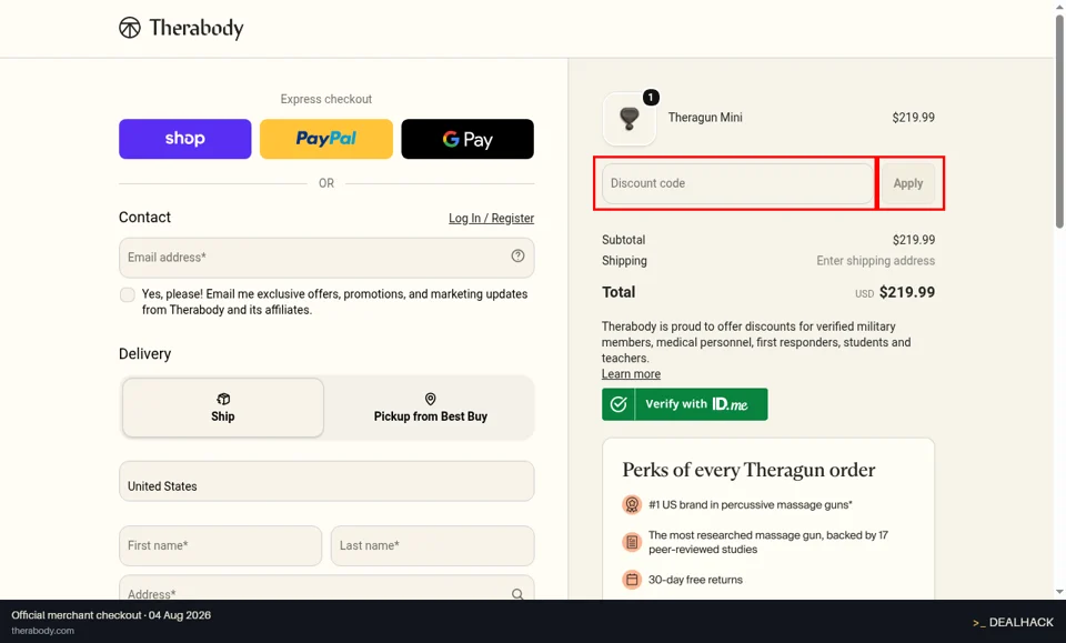 Therabody checkout page showing the Discount code field and Apply button